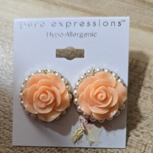 Pure Expressions Peach Rose Earrings W Pearl Frame NWT 💫